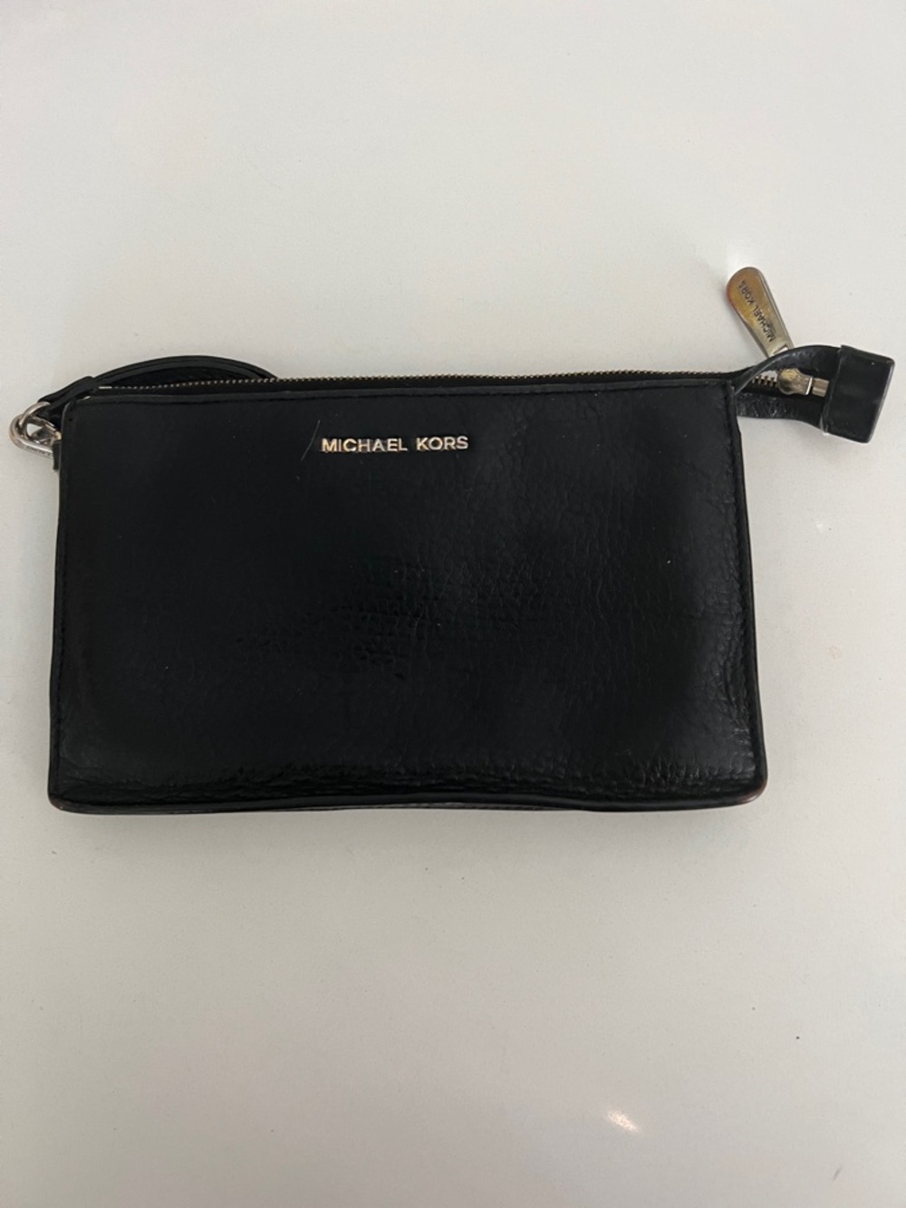 Michael Kors Black Leather Wristlet with Gold Logo